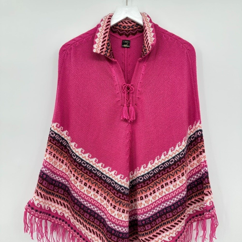 Alpaca Poncho Sweater Women One Size Fringe Made in Peru Nomadic Boho Artsy Pink - Picture 3 of 10